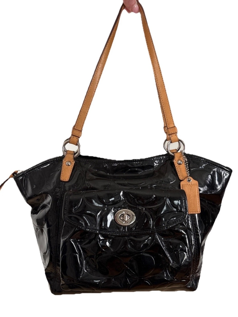 VTG Y2K COACH LEAH TOTE BAG 14663 BLK Patent LTR Signature C Embossed Turnlock